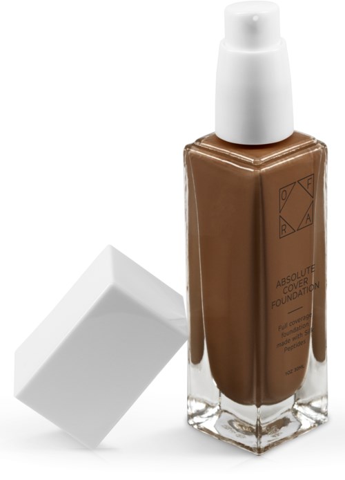 En flaska med brunt flytande foundation med vit pump och avskiljbar vit lock.