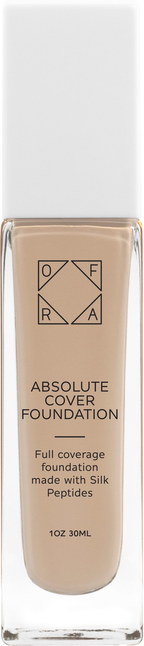 En skönhetsgrundare-flaska med vit kork, beige vätska inuti och ord som visar att den är gjord med Silk Peptides.