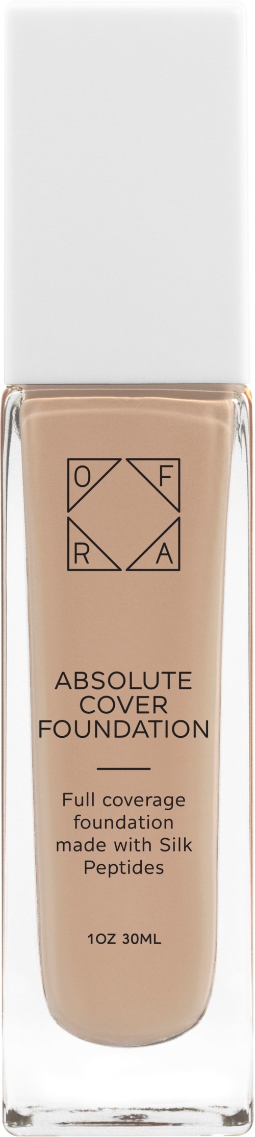 En foundationflaska märkta 'Absolute Cover Foundation' med full täckning gjord med silkespeptider, storlek 1 oz.