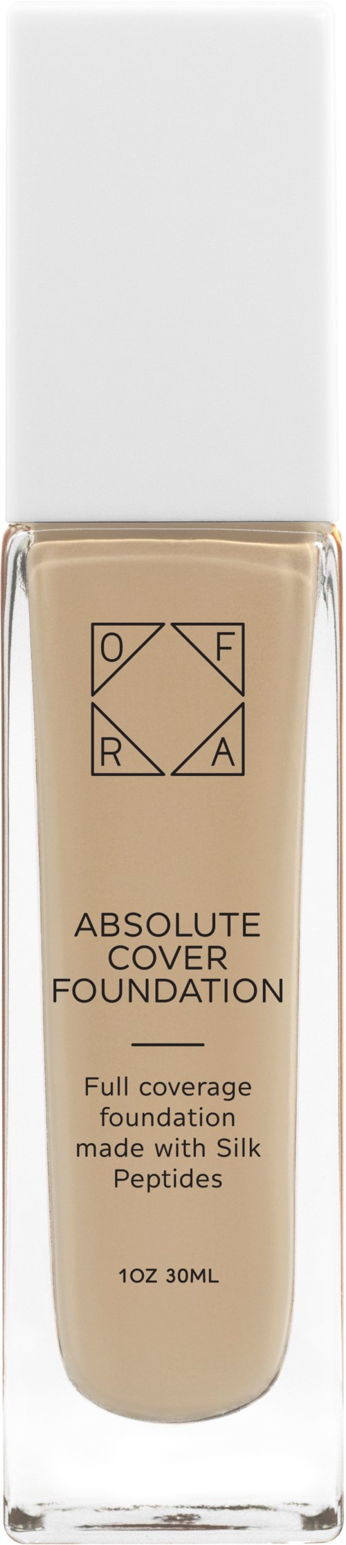 En flaska med Absolute Cover Foundation med vit lock och klar kropp som visar beige vätska inuti.
