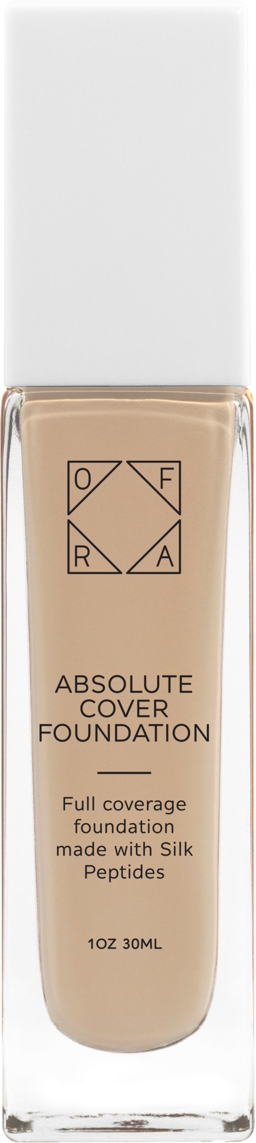 En flaska av Absolute Cover Foundation med vit kork, märkt för full täckning och tillverkad med silkepeptider.