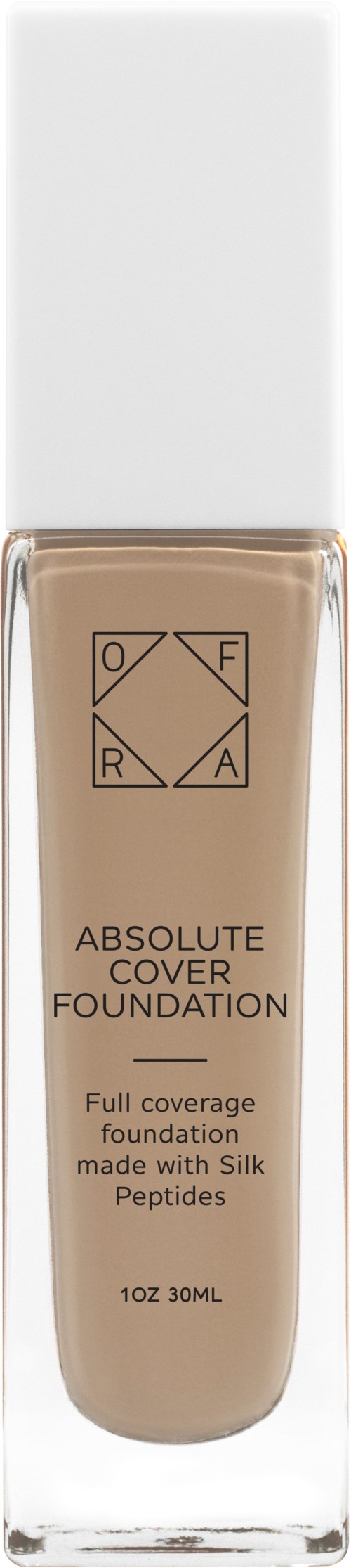 En flaska med foundation, vit lock och beige vätska, märkt 'Absolute Cover Foundation' med silkpeptider.