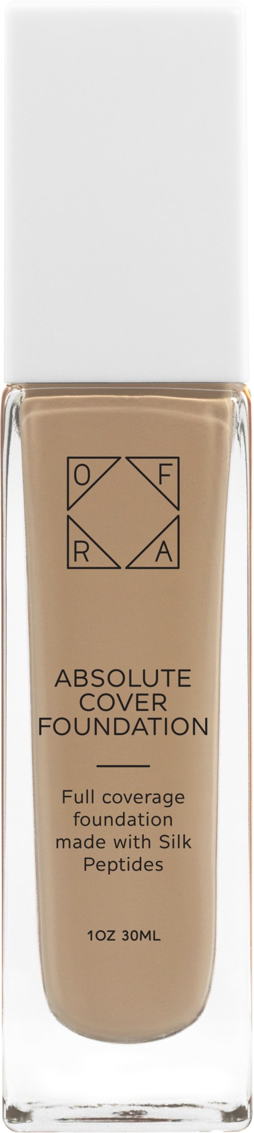 En beige flytande foundation i en glasflaska med vit lock, märkt "Absolute Cover Foundation," innehåller silkpeptider.