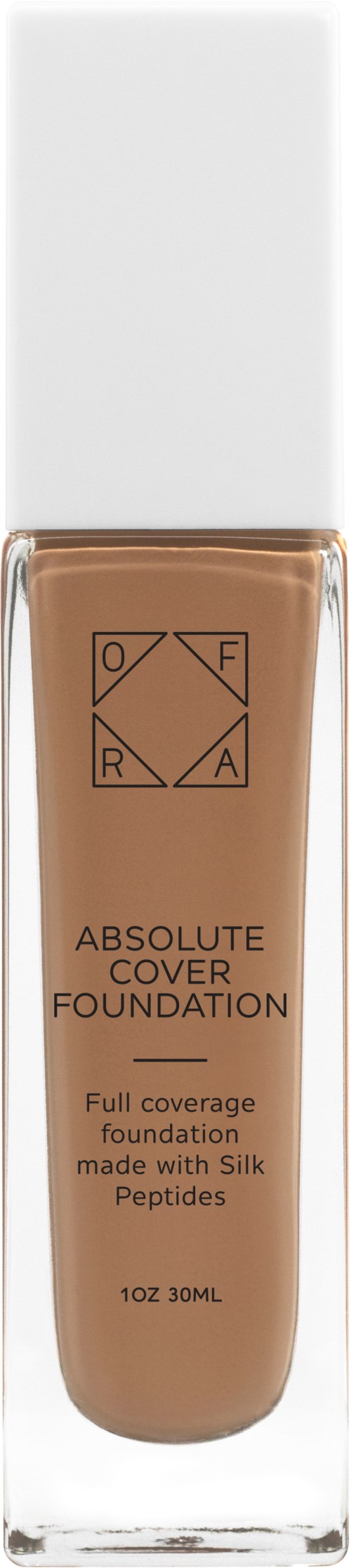 En flaska foundation med vit lock och klart kropp som visar ljusbeige vätska, märkt "Absolute Cover Foundation."