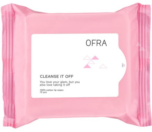 Vaaleanpunainen OFRA-kumikäsipakkauksessa, jossa lukee 'Cleanse It Off' ja yksinkertainen geometrinen suunnittelu.