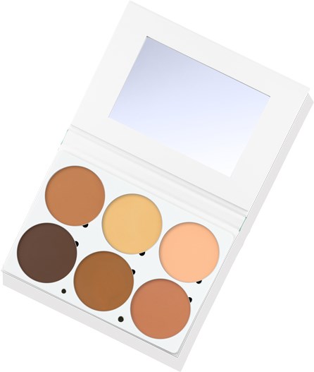 En makeup-palett med sex runda nyanser, inklusive brunt, beige och persika, med en spegel ovanpå.