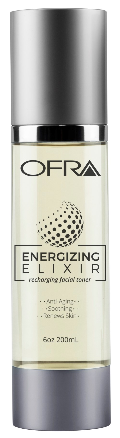 En ansiktsvann på en klar flaske med sølvhatt, merket "Energizing Elixir" av OFRA, 200 ml.