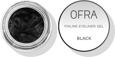 Ett litet burk med svart gel eyelinern med en rund lock etiketterad "OFRA Fixed Line Eyeliner Gel Black."