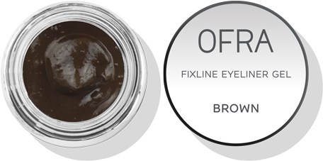 En burk med mörkbrun gelögonpenna och vit lock. Etiketten säger OFRA Fixline Eyeliner Gel i brunt.
