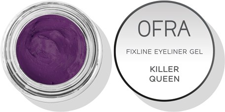 En lila gel i en liten burk med en rund etikett som säger "OFRA Fixline Eyeliner Gel Killer Queen."