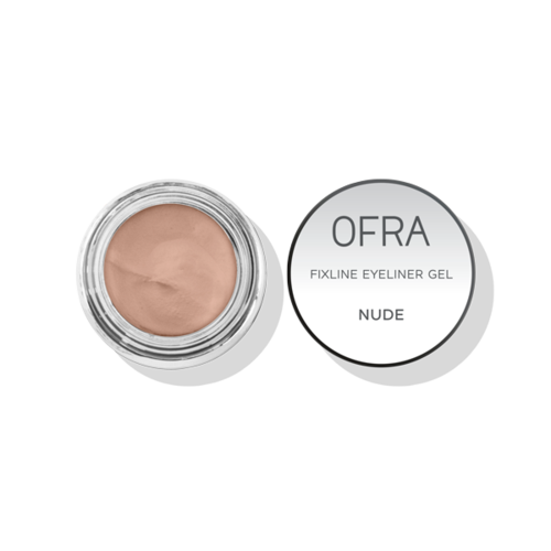 En liten behållare med nude-färgad gel eyeliner från OFRA med ett genomskinligt lock.