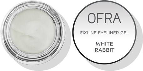 Ett litet behållare med vit gel märkt 'OFRA Fixline Eyeliner Gel White Rabbit'.
