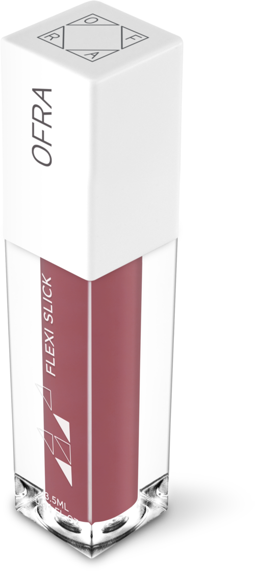 En liten flaska läppglans med vit lock och rosa-lila färg, märkt "FLEXI-SLICK".