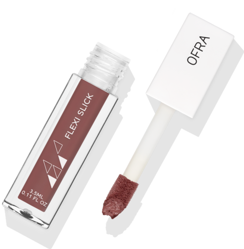 Ett läppglansrör med en applikator, båda märkta med varumärket OFRA och produktnamnet Flexi Slick.