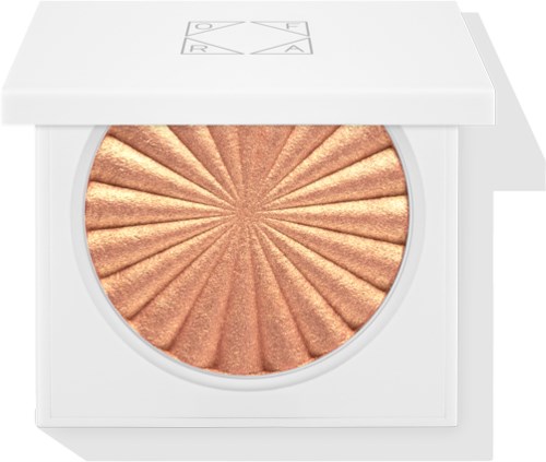 Ein runder Highlighter in einer weißen Dose mit Sonnenstrahlmuster und einfachem Deckel.