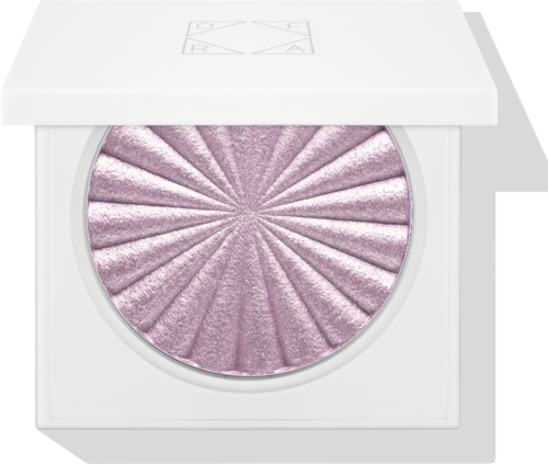 A compact with purple shimmery powder inside, container is white with a sliding top.