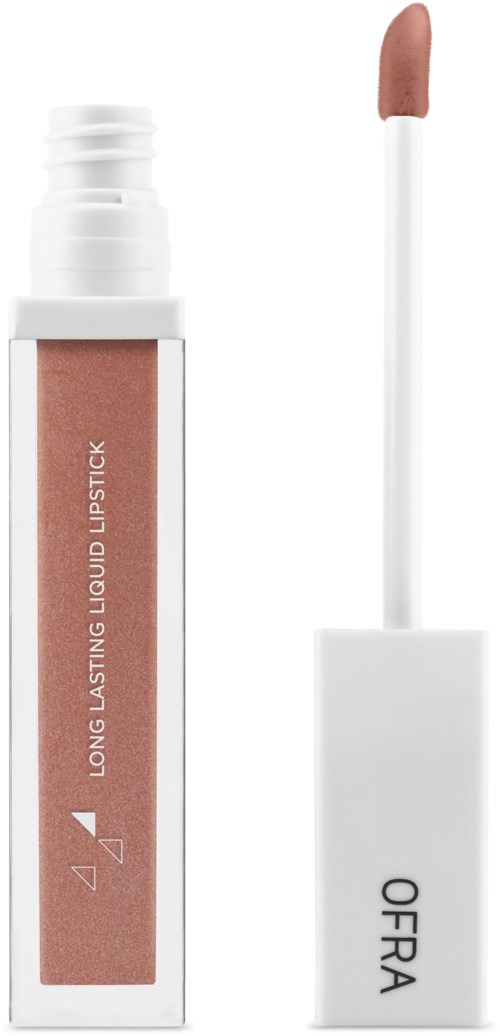 En flytande läppstiftstubbe med en beige applikatorstift bredvid, märkt 'Long Lasting Liquid Lipstick' och 'OFRA.'