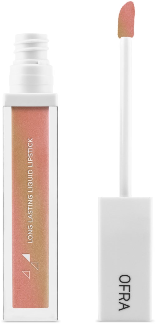 En leppeglansetube med påføringspinn, merket 'LONG LASTING LIQUID LIPSTICK' og 'OFRA' på lokket.
