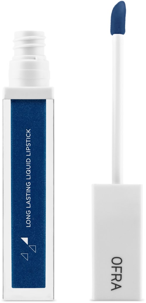 En läppglansrör med applikator, märkt "Long Lasting Liquid Lipstick" och en vit kork. Läppstiftet är blått.