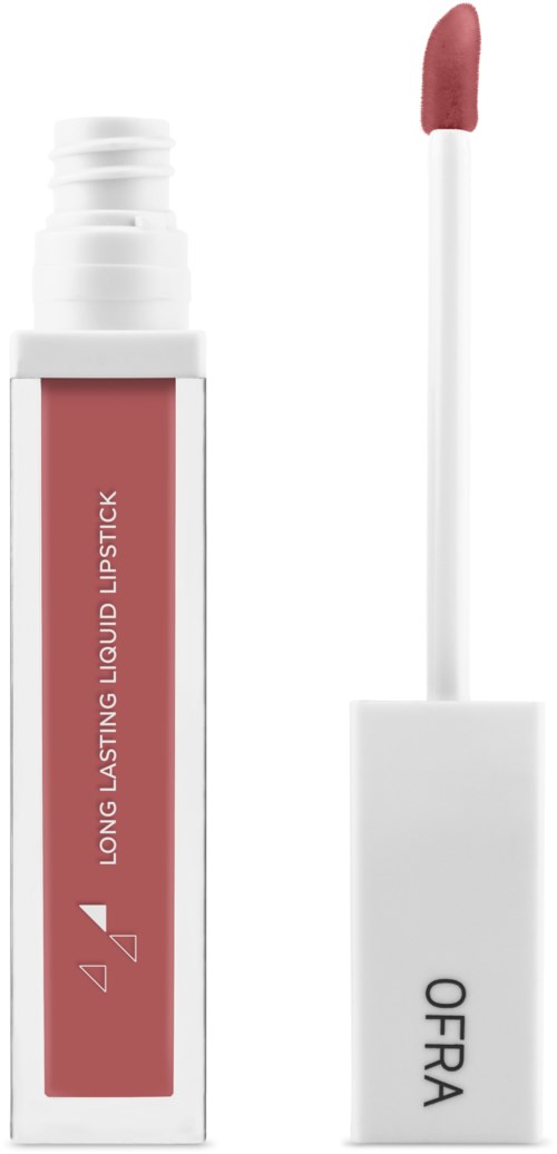 Läppstift i ett vitt rör med avtagbar lock och rosa nyans på applikatorn.