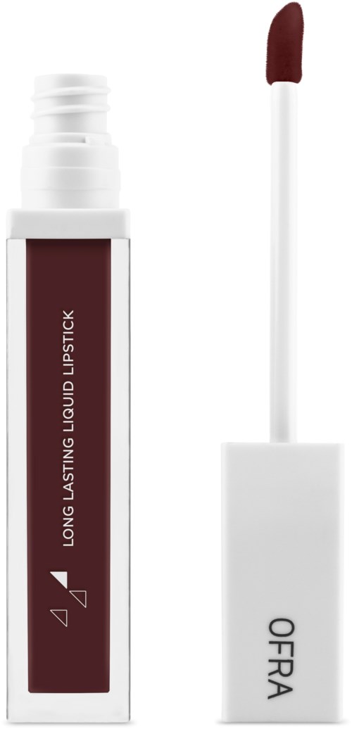 En läppstiftstift med en lång applikator som visar mörkröd läppstift. Varumärket 'OFRA' står på röret.