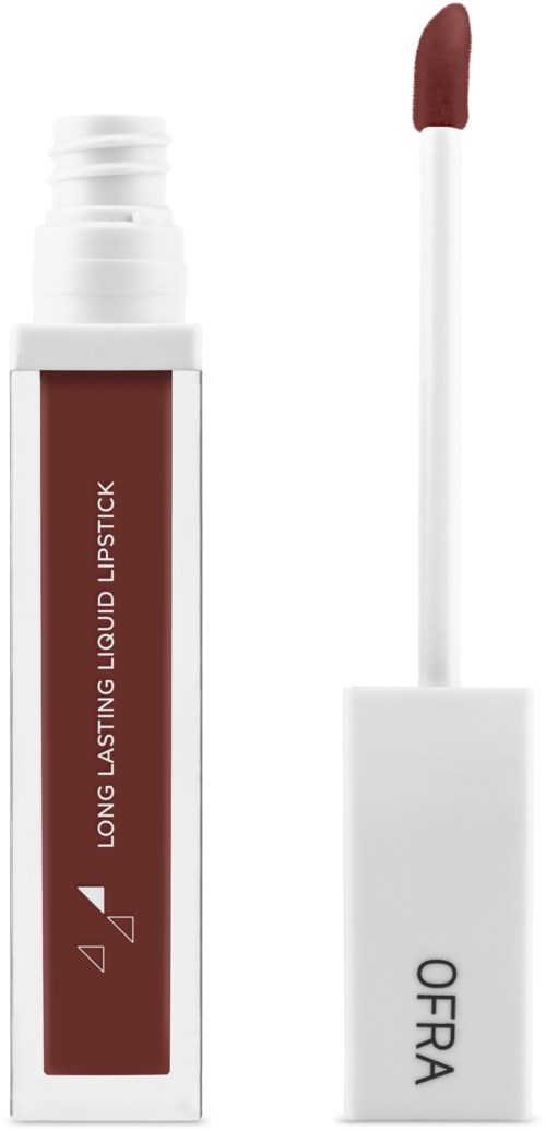 Ett läppstift med borste och brunt läppstift. Tuben är vit med text och en logo.