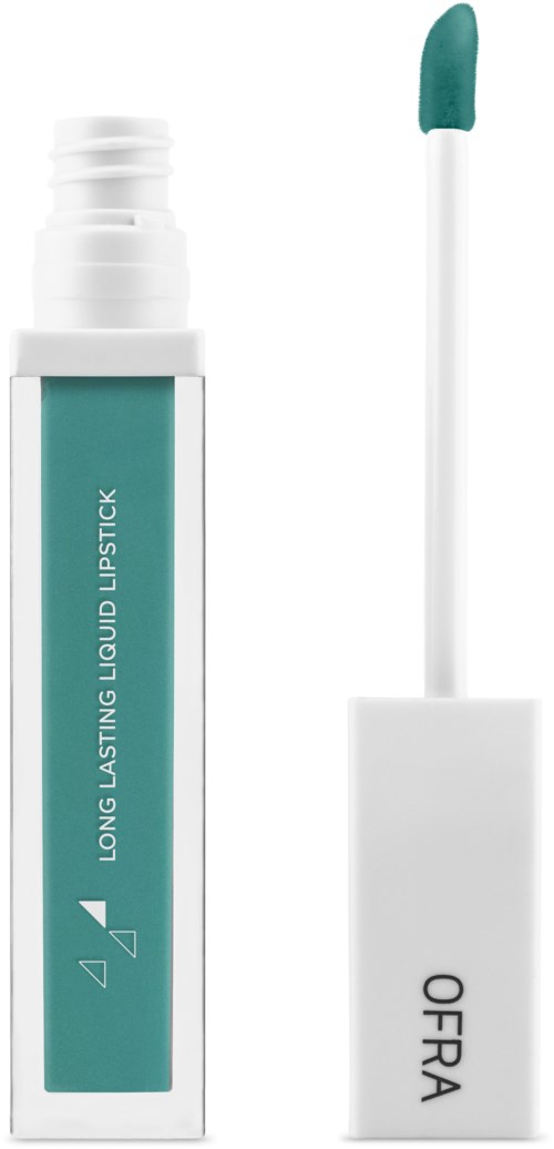 En turkos läppglans med vit applikator och vit kapsel. Produkten heter 'Long Lasting Liquid Lipstick'.