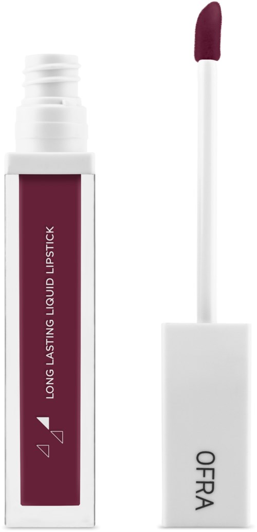 Ett rör för flytande läppstift med vit lock och applikator. Etiketten säger 'LONG LASTING LIQUID LIPSTICK' och märket är 'OFRA.'
