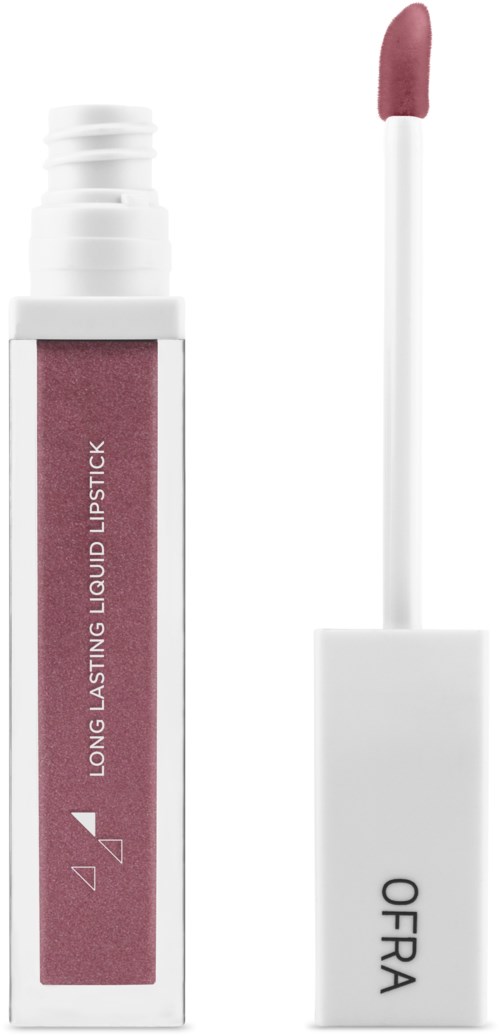 En rosa flytande läppstiftampull med vit lock och en applikatorhink med rosa läppstift på.