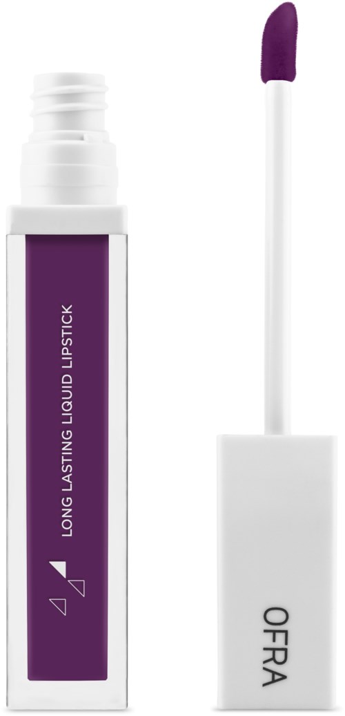 Lila flytande läppstift med en vit applikator och en vit tub märkt 'Ofra'.
