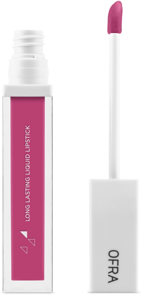 Ett rosa flytande läppstift i en vit tub med on appliceringsborste. Varumärket 'OFRA' står på det vita locket.