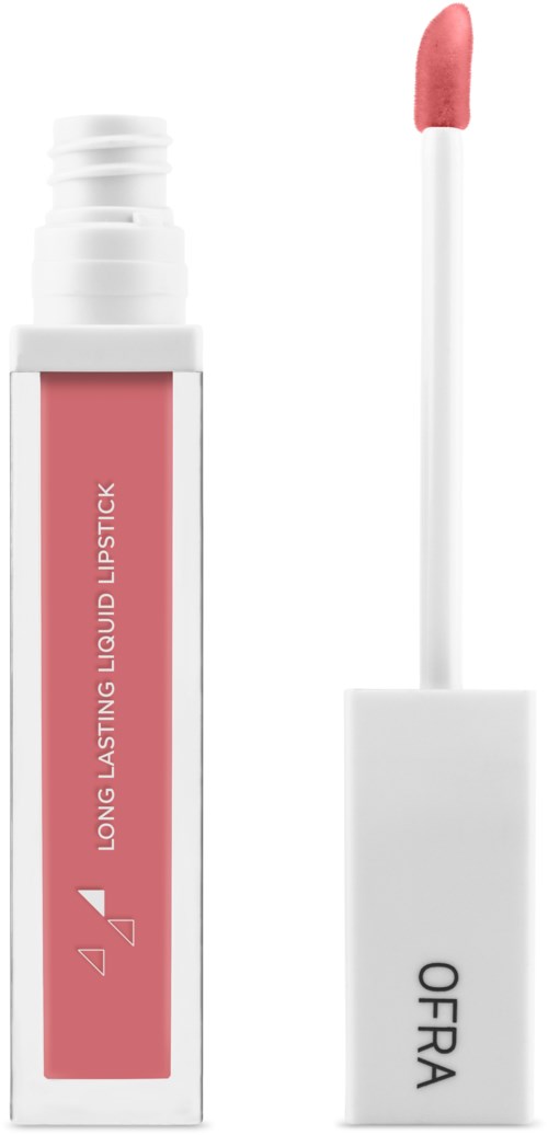 En rosa läppglans med vit topp och applikator, märkt 'Long Lasting Liquid Lipstick' och 'OFRA'.