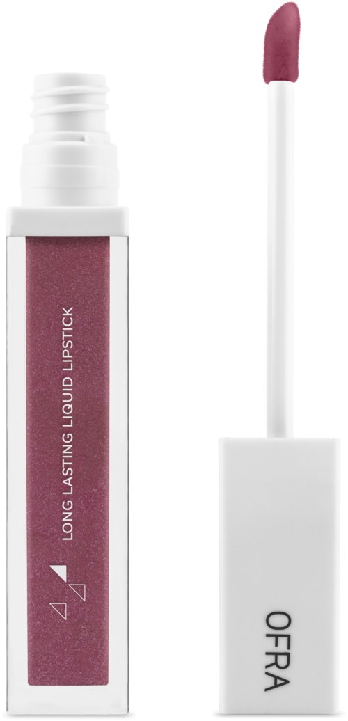 En rosa flytande läppstift med applikator och vit behållare, märkt 'Long Lasting Liquid Lipstick' av OFRA.
