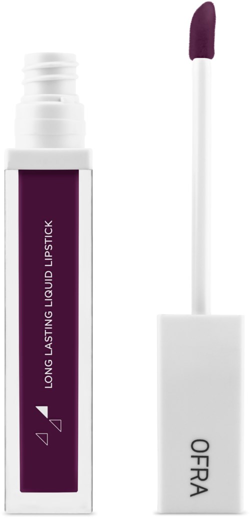 Långvarigt flytande läppstift i lila, i vit förpackning med applikator.