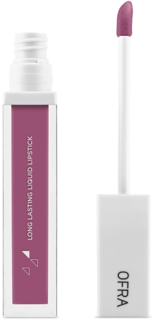 Ett läppglansrör med en applikator, glossen är rosa. Märket är OFRA och produkten är långvarig.