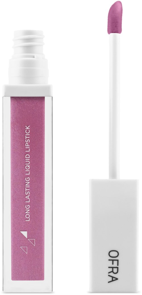 Rosa flytende leppestiftrør med påføringspade som viser rosa leppestift. Røret er merket 'Long Lasting Liquid Lipstick' og 'OFRA.'