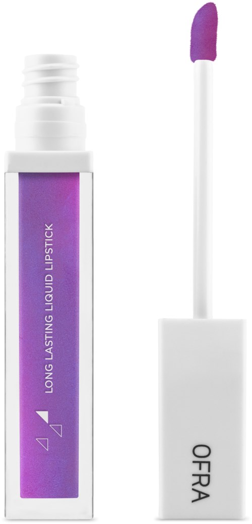 Lilla leppestift med hvit hette, merket 'Long Lasting Liquid Lipstick' og 'Ofra'.
