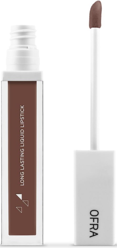 En brun flytande läppstift i en vit behållare med en appliceringsborste och etiketten 'Long Lasting Liquid Lipstick'.