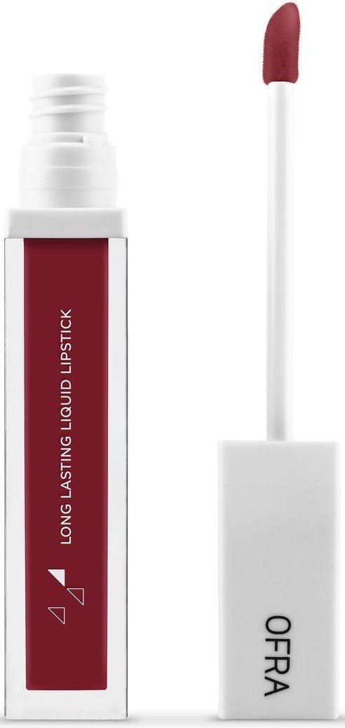Röd flytande läppstift med vit lock, öppet applikator visar läppstift. Märket är OFFRA.