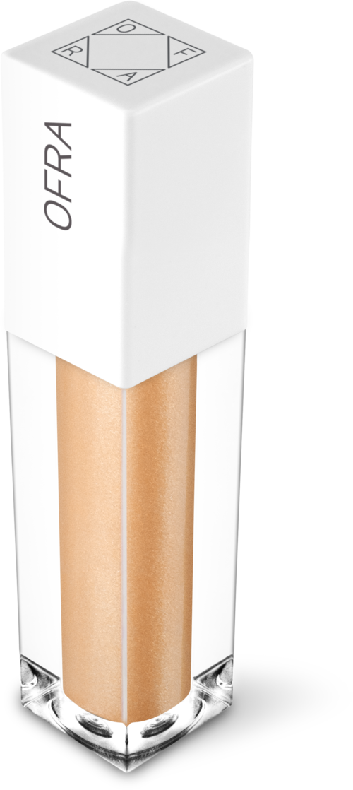 En läppglansrör med beige färg och vit kork med symboler och ordet 'OFRA'.