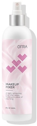 Eine weiße Sprühflasche mit 'OFRA Makeup Fixer' und rosa Design, für das Fixieren von Make-up.