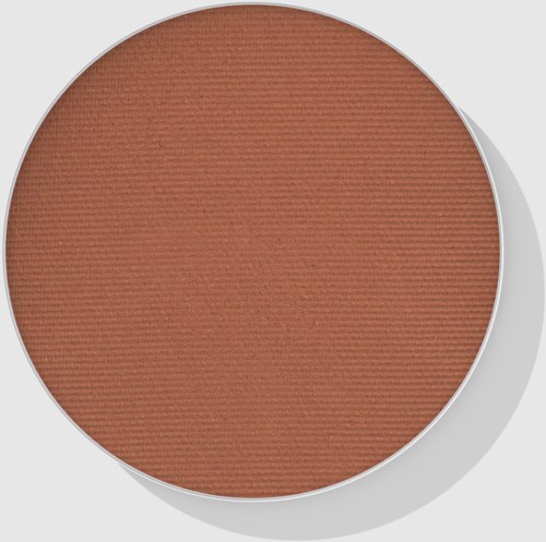 En brun, struktureret, rund makeup blush eller øjenskygge i en beholder med spejl.
