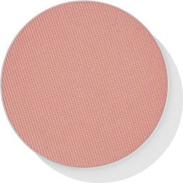 En rund, lyserød makeup blush eller pudder med en tekstureret overflade, i en lille kompakt beholder.