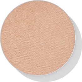 En runt makeup-kompakt med beige puder inuti. Platt topp och vit bas. Minimal design utan text eller dekorationer.