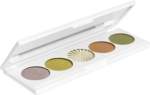 En hvit makeup-palett med fem runde øyenskyggefarger, inkludert lilla, grønt og brunt.