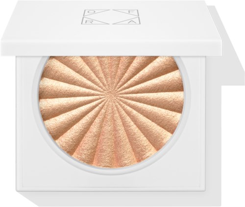 Runder Make-up-Highlighter mit Sonnenstrahlmuster in weißer Schatulle, halb geöffnetes Deckel, für Kosmetikanwendung.