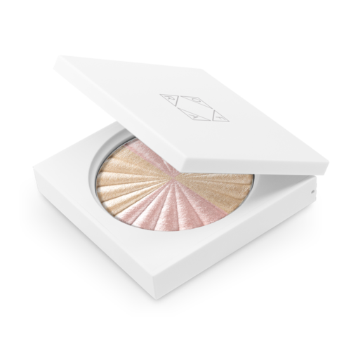 En kompakt med presset pudder makeup i en hvit eske, med ulike nyanser i et fanmønster.