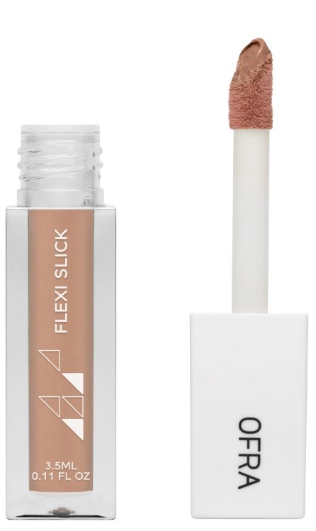 Ett litet beige flytande läppglans med vit kork och applicator.