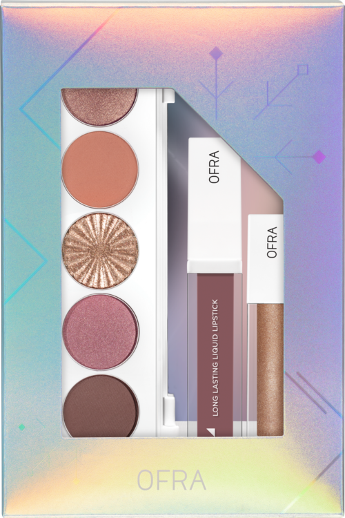 A makeup set with four eyeshadow colors and two lip products in a colorful box.
