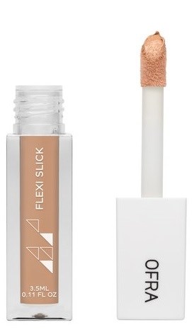 Läppglans med applikator, beige färg, förpackad i en klar flaska, märket "FLEXI SLICK," och vitt lock.